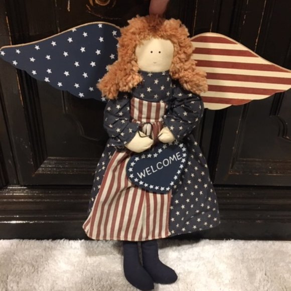 VTG Patriotic Angel Red White Blue Stars Stripes Hanging Door Welcome Doll 17x16 - Picture 3 of 11